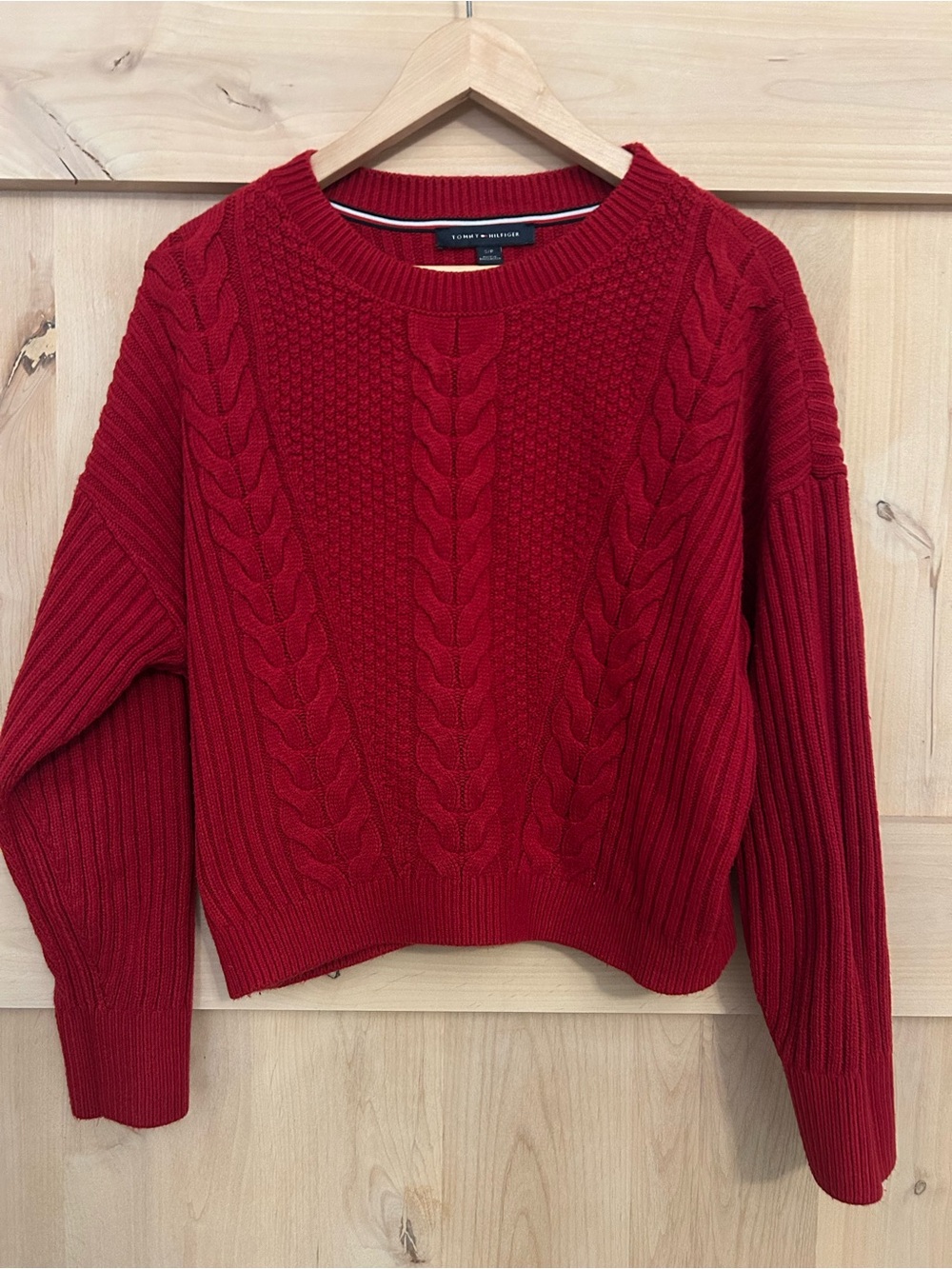 Tommy Hilfiger Bright Red Cotton Blend Cable-Knit Crewneck Sweater, Small